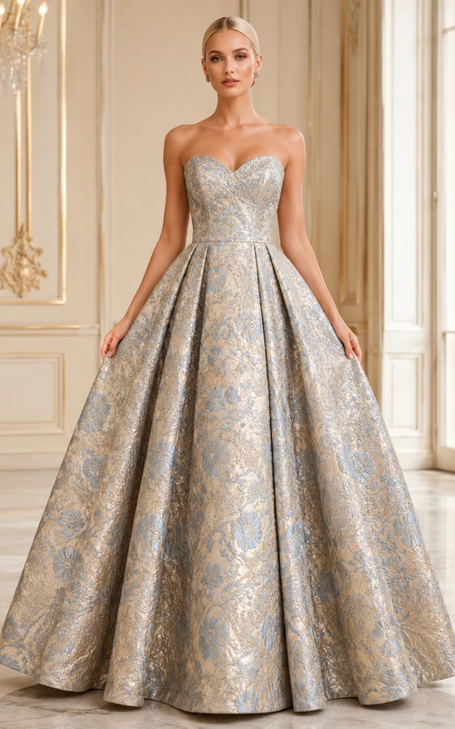 Vestido de gala formal de brocado plateado sin tirantes