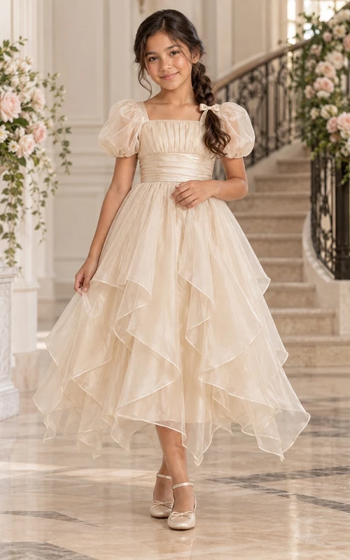 Tea-length Square-Neck Ivory A-line Organza Puff-sleeve Pleated-bodice Asymmetrical Flower Girl Dress