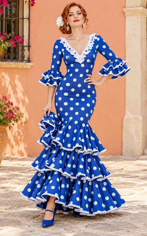 Robe de danse flamenco bleu roi à pois, manches cloche et volants