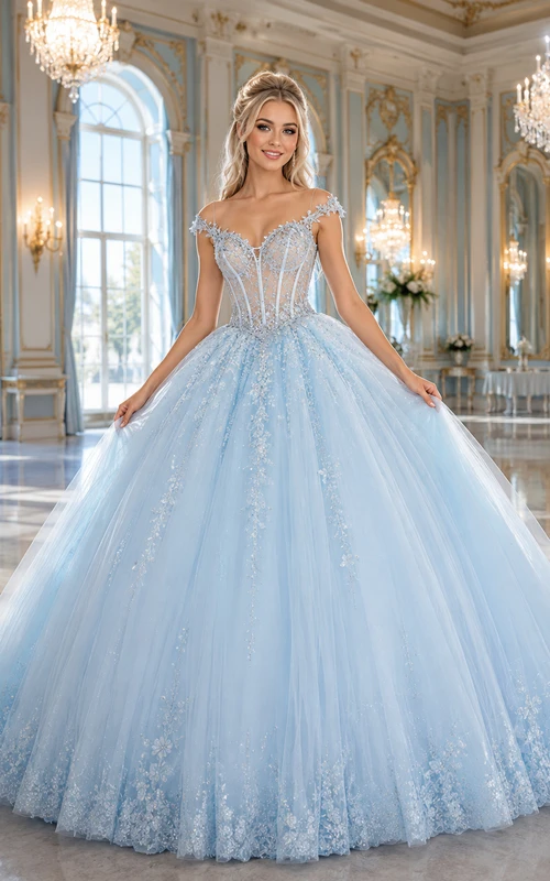Sky Blue Sweetheart Applique Tulle Quinceanera Ball Gown