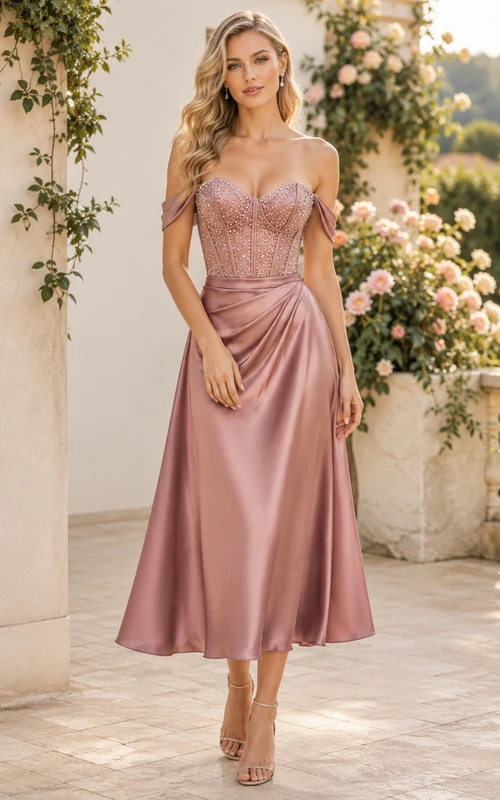 Vestido midi de satén color rosa empolvado con corsé y hombros descubiertos para invitada.