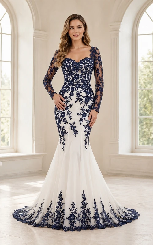 Marineblaues, geblümtes Meerjungfrauen-Brautkleid mit eckigem Ausschnitt, langen Ärmeln und Spitze aus Tüll