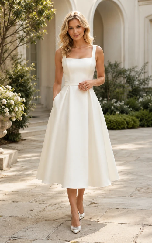 Vintage Brautkleid aus Satin, A-Linie, eckiger Ausschnitt, ärmellos, wadenlang