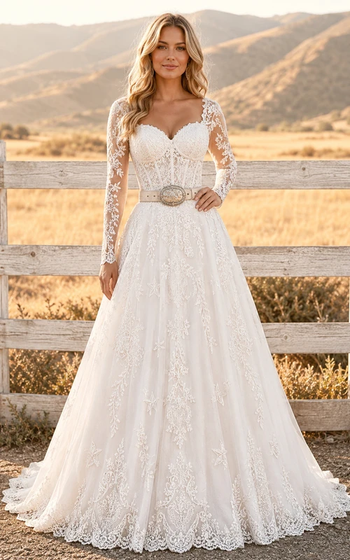 Robe de mariée style western, col en V, manches longues en dentelle, corset, coupe trapèze, traîne courte