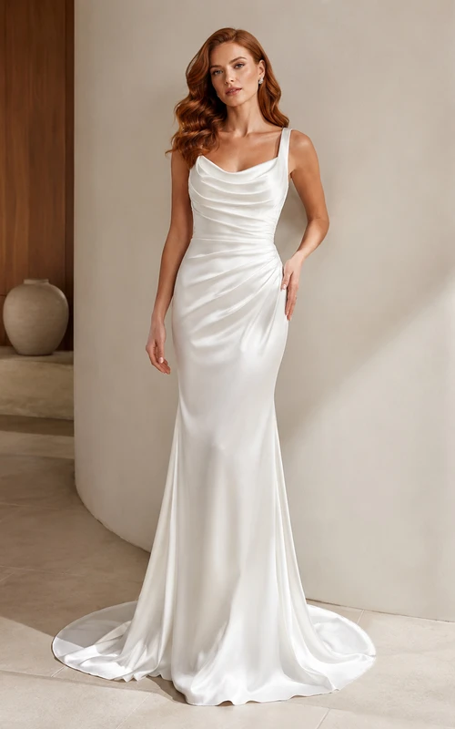 Robe de mariée moderne en satin fourreau à bretelles spaghetti et col bénitier, avec traîne balayée et fronces.