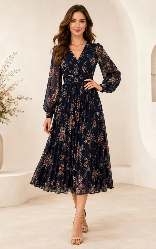 Robe midi plissée à manches longues et col en V à imprimé floral foncé