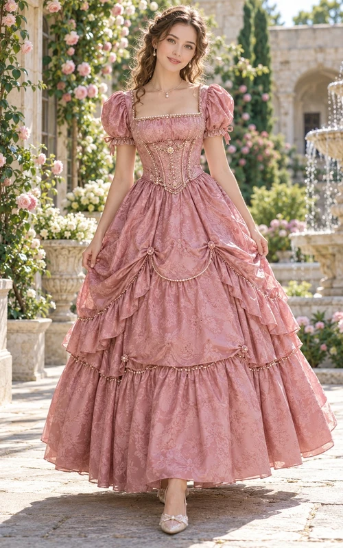 Robe de costume Renaissance vintage mauve à col carré et manches bouffantes à volants