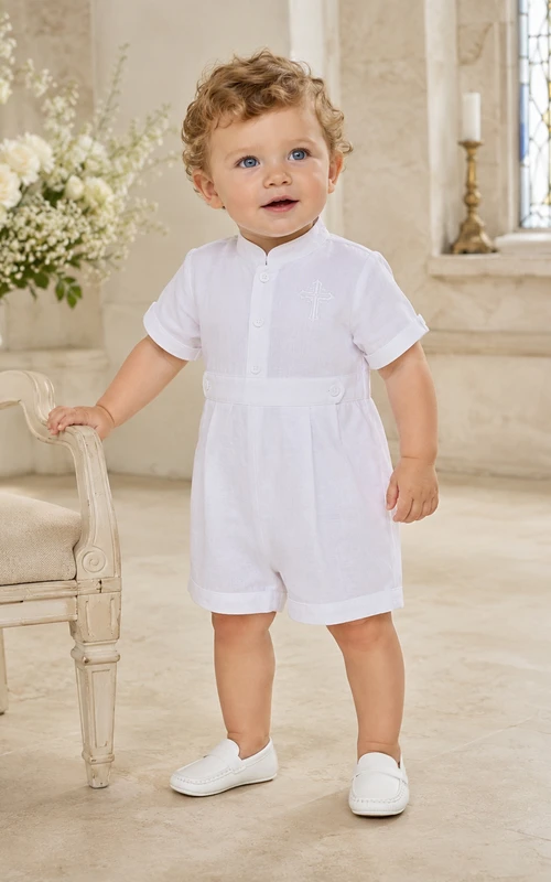 White Mandarin Collar Pintuck Short Sleeve Baptism Romper for Baby Boy