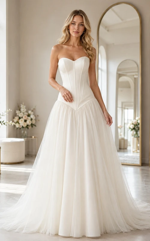 Vestido de novia sencillo, sin tirantes, estilo vasco, de corte A y largo hasta el suelo.