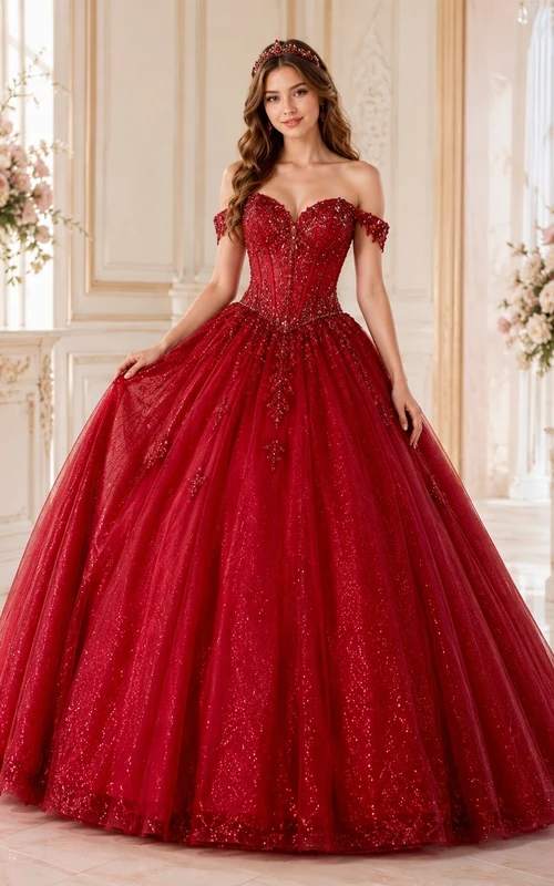 Red Lace Applique Off Shoulder Cap Sleeve Tulle Ball Gown Floor Length Quinceanera Dress