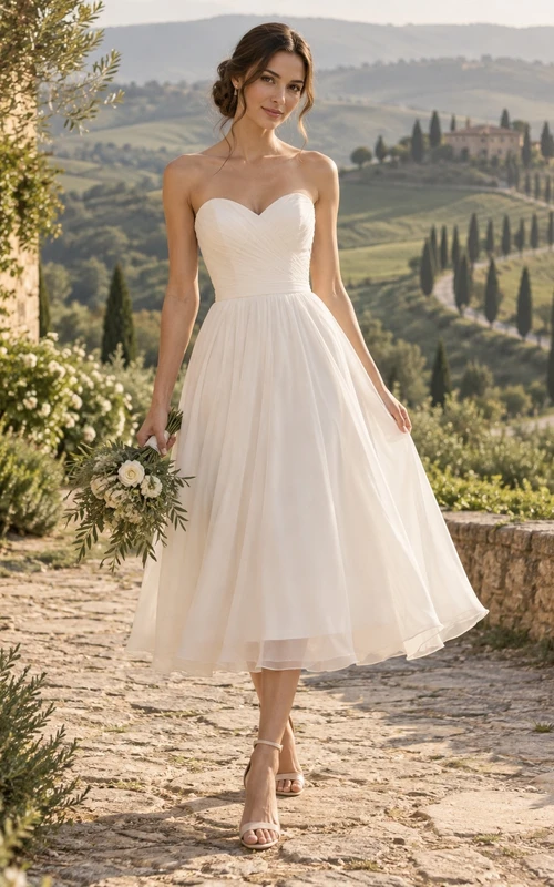 Vestido de novia sencillo, sin tirantes, de gasa y satén, de corte A, largo hasta la rodilla.