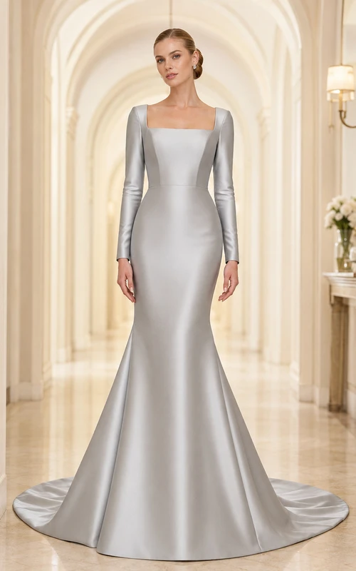 Robe de mariée sirène en satin gris argenté à col carré et manches longues, coupe modeste