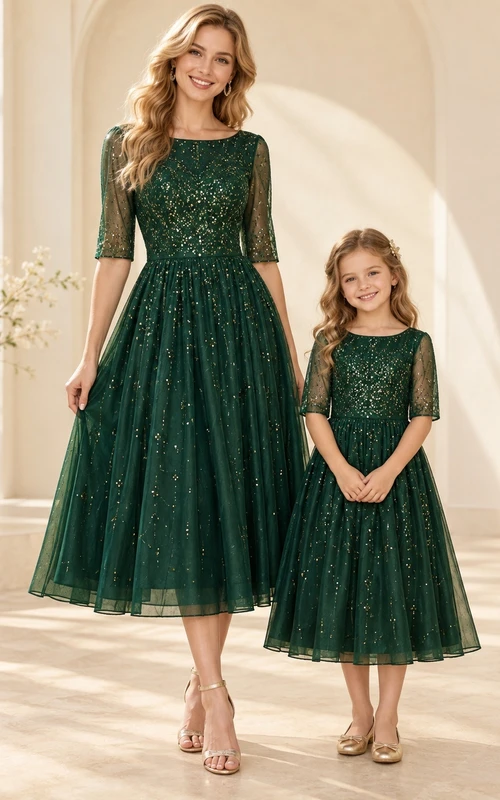 Robe assortie mère-fille en dentelle vert foncé pailletée, longueur thé