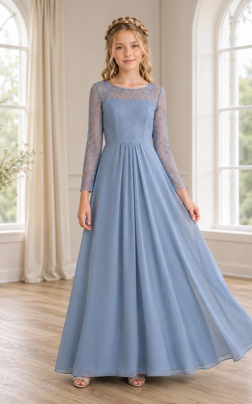 Stahlblaues Brautjungfernkleid für junge Frauen, A-Linie, U-Boot-Ausschnitt, lange Ärmel, Illusionsspitze, romantisch