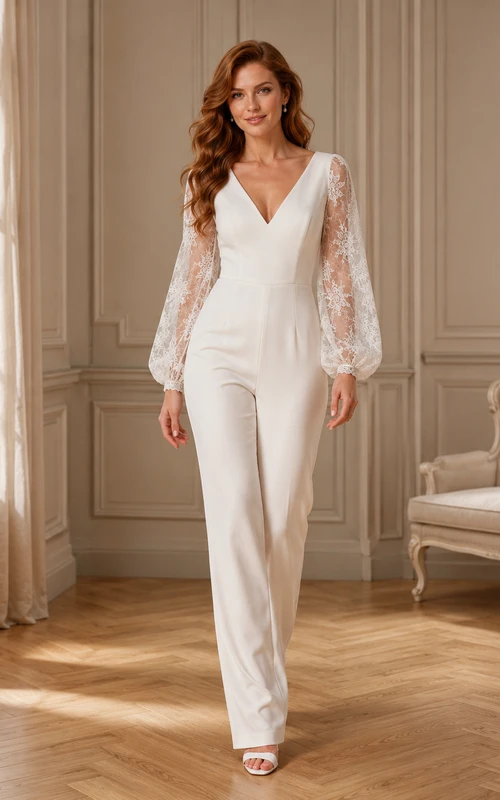 Combinaison de mariée romantique à col en V profond et manches longues en dentelle, coupe ajustée