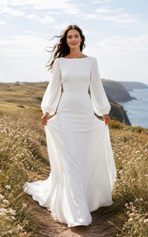 Square Neck Bishop Sleeve Coastal Field Minimalist Gown