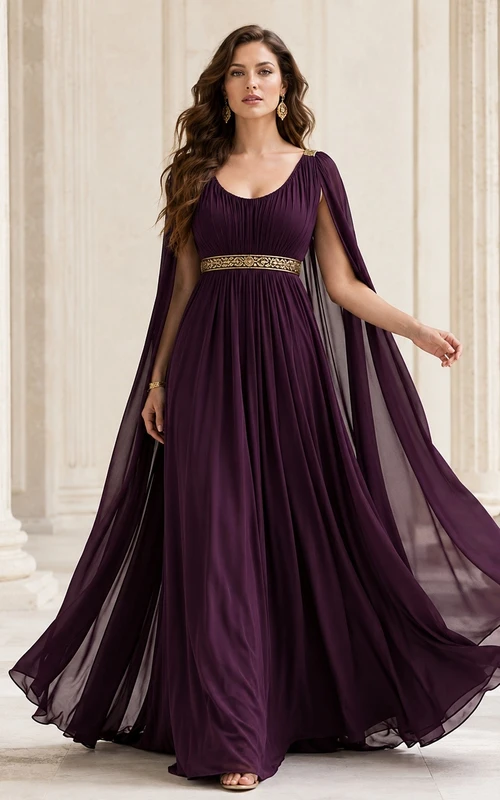 Plum V-Neck Long Sleeve Chiffon Cape A-Line Floor Evening Dress