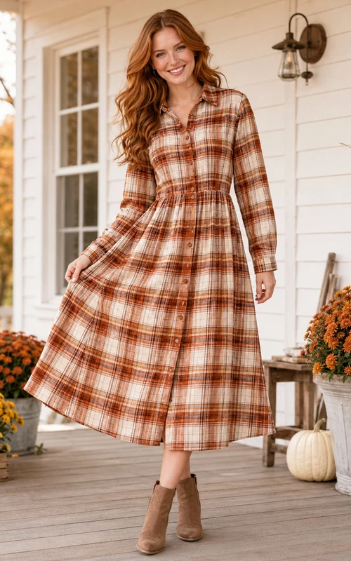 Vestido midi de manga larga con cuello camisero a cuadros color óxido para otoño