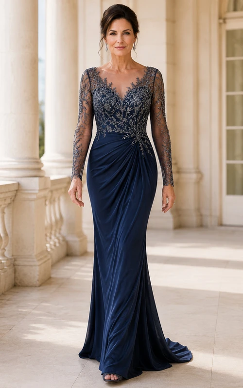 Vestido de sirena azul marino con encaje ilusión y mangas largas para madres.