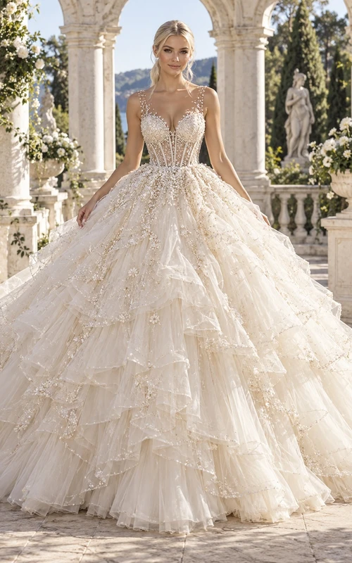 Vestido de novia de princesa con escote en V, tul bordado, volantes en cascada y cola de corte princesa.