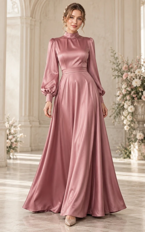 Robe de soirée en satin rose poudré à col montant et manches longues, d'une sobriété élégante.