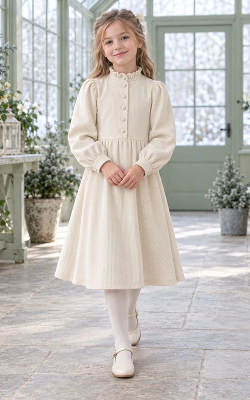Cremefarbenes Cord-Blumenmädchenkleid mit hohem Kragen, langen Ärmeln und Knöpfen