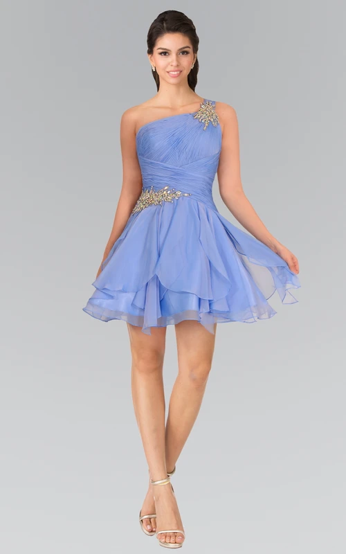 Robe courte trapèze asymétrique sans manches en mousseline avec perles et fronces