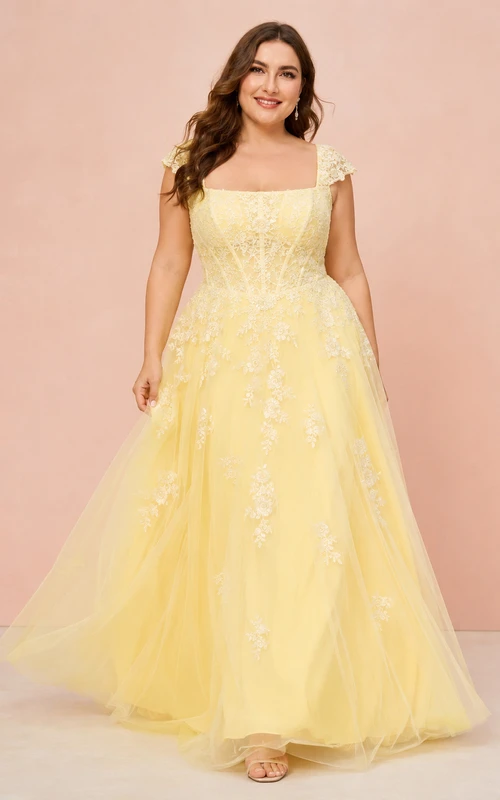 Yellow Plus Size Square Neck Lace Studio Bridal Gown