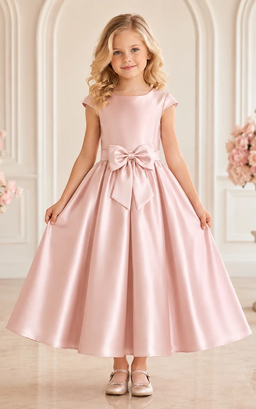 Rosafarbenes Satin-Kleid mit kurzen Ärmeln, Teelänge, A-Linie und Schleife – perfekt für Blumenmädchen bei einer Gartenhochzeit.