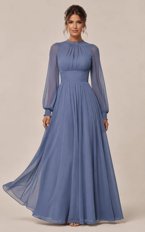A-Linien-Brautjungfernkleid aus Chiffon mit hohem Kragen, langen Ärmeln und Falten