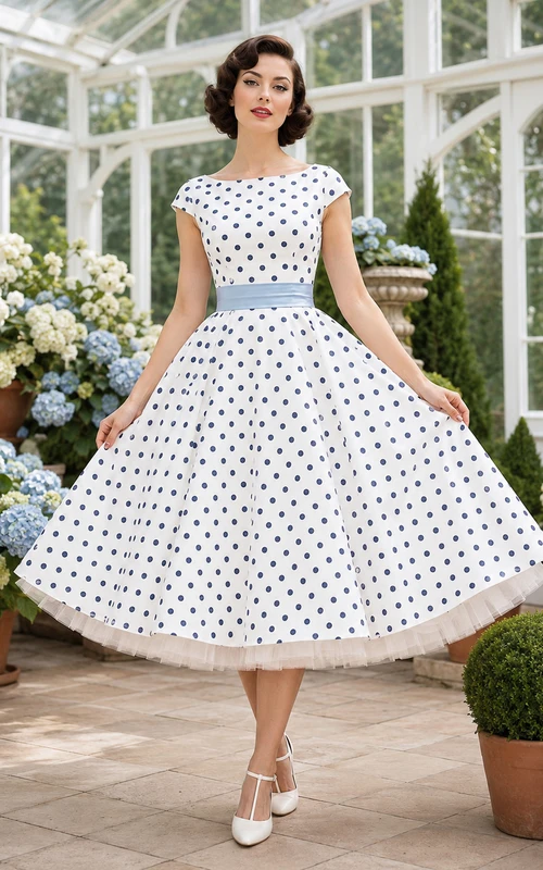 Cap Sleeve Polka Dot A Line Rockabilly Bridal Dress