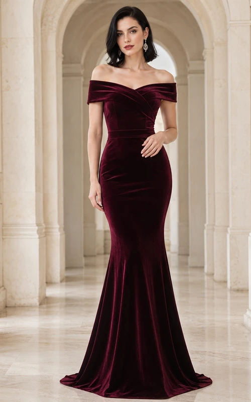Burgundy Velvet Off-the-shoulder Short Sleeve Ruched Mermaid Sweep-Train Evening Gown