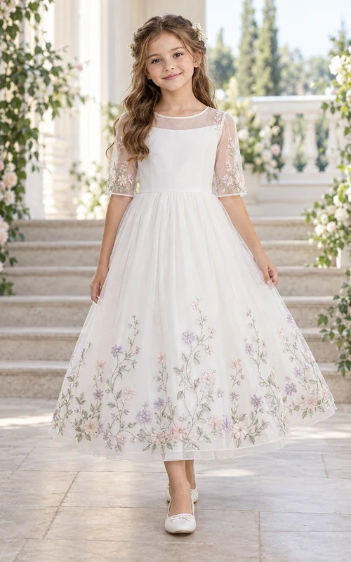 Vestido de niña de flores color marfil, corte en A, encaje, tul, largo hasta los tobillos, mangas hasta el codo, estampado botánico ilusión.