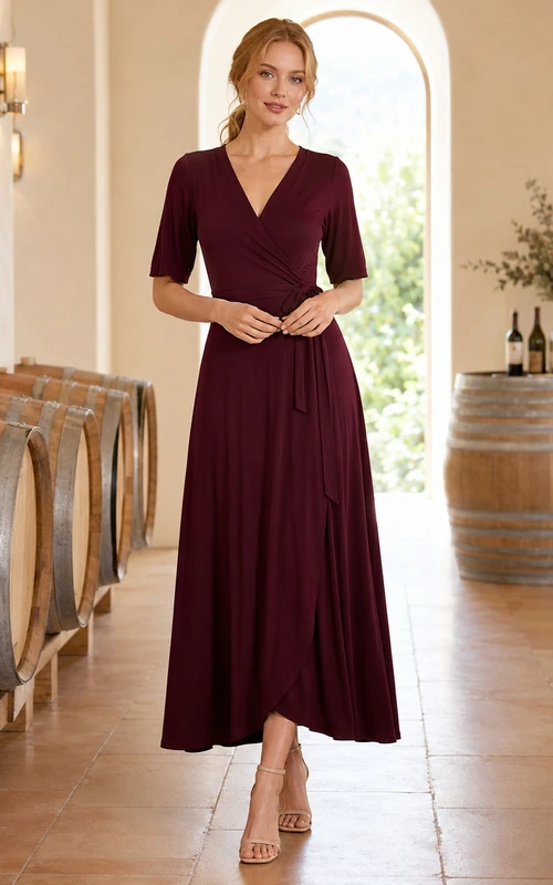 Burgundy Short Sleeve Wrap Winery Dinner Midi Dress
