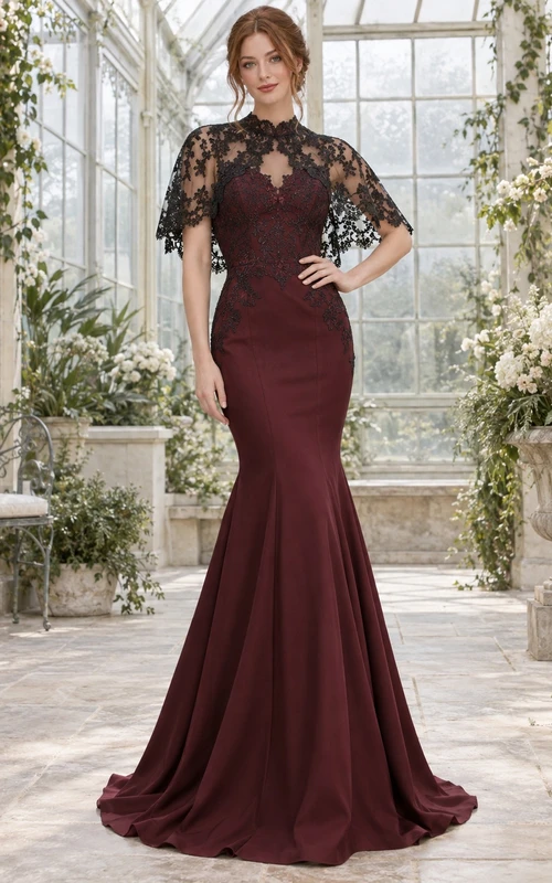 Vestido de dama de honor elegante, ajustado, con capa de encaje burdeos, cuello alto y estilo gótico sirena.