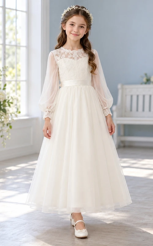 Long Sleeve Ivory Scalloped Lace First Communion Gown