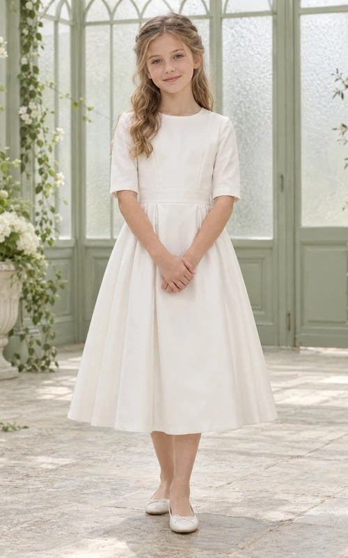 Schlichtes, schlichtes weißes, teelanges A-Linien-Kleid aus Satin mit Schmucksteinen, Ellbogenärmeln, breitem Taillenbund und seitlichen Falten.