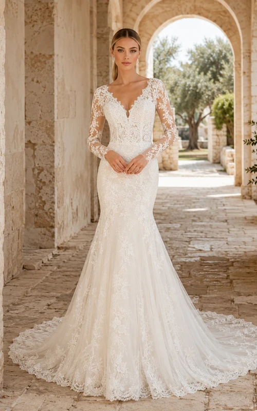 Robe de mariée sirène en dentelle illusion à manches longues et traîne chapelle, style modeste, idéale pour une destination.