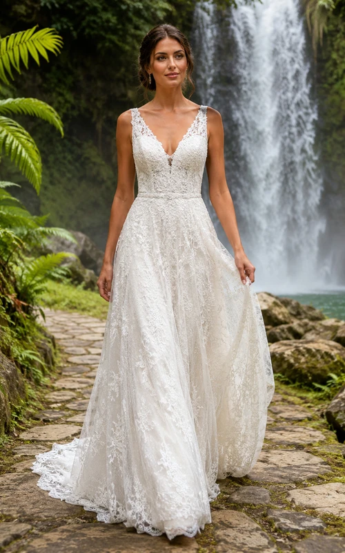 Robe de mariée de destination en dentelle intégrale, décolleté en V profond, coupe trapèze, traîne, coupe trapèze, avec traîne.