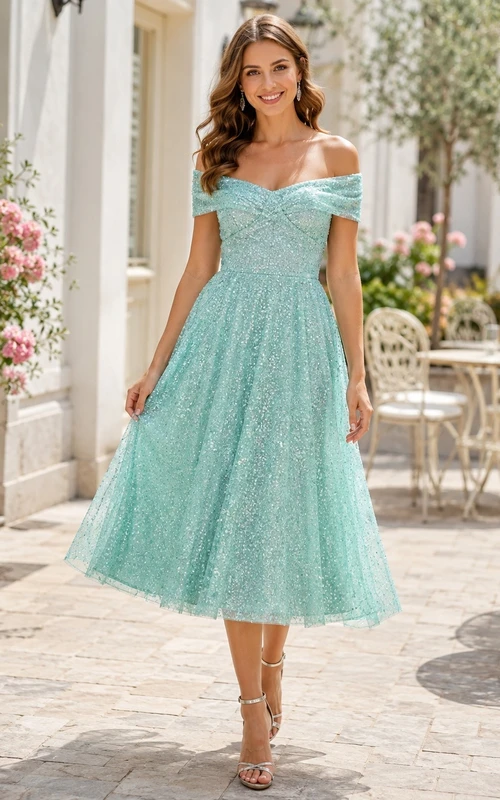 Robe de jardin romantique turquoise trapèze, longueur thé, épaules dénudées, manches courtes