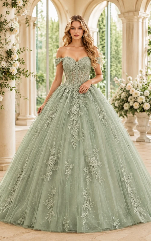 Vestido de gala de tul con encaje floral y hombros descubiertos, estilo princesa celadón, con cola de capilla, ideal para quinceañeras y graduaciones. Un look romántico y lujoso.
