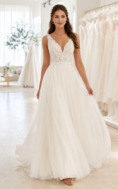 Budget V-Neck Lace Bodice Tulle A-Line Bridal Gown