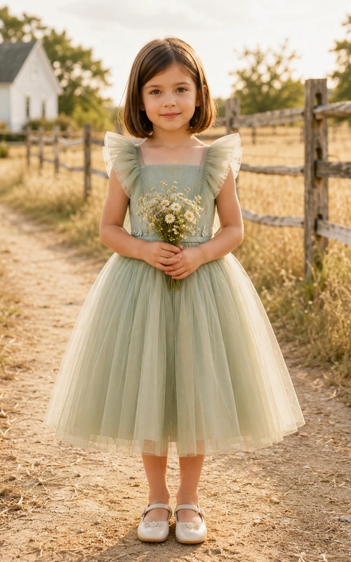 Blumenmädchenkleid aus salbeifarbenem Tüll, A-Linie, mit flatternden Ärmeln, eckigem Ausschnitt, Teelänge und Rüschenbesatz