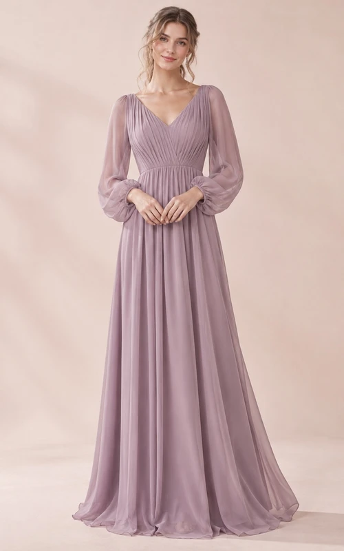 Vestido de dama de honor largo hasta el suelo, de gasa fruncida, color malva, manga larga y estilo bohemio.