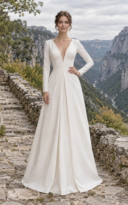 Vestido de novia sencillo de manga larga, escote en V pronunciado, corte en A plisado y cintura definida