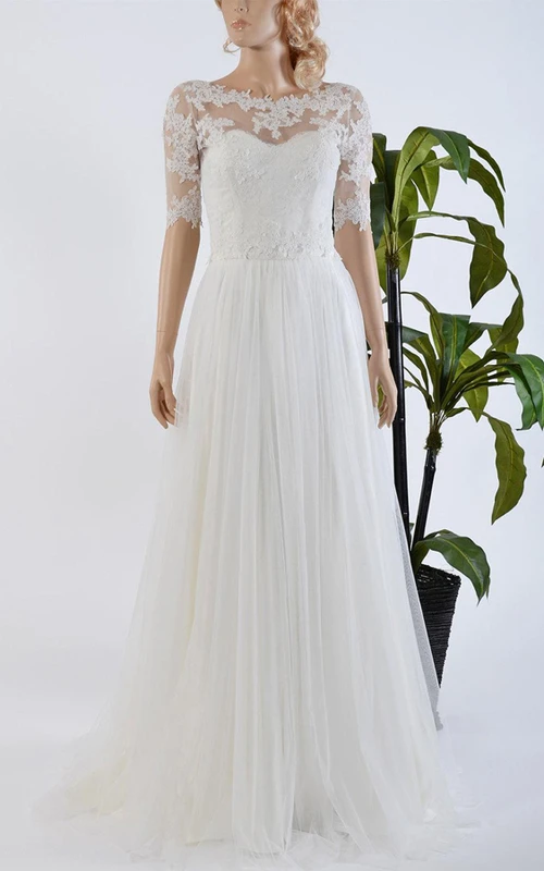 Tulle Satin Bowed Lace Bolero Modest Wedding Dress
