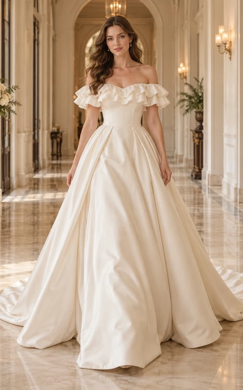 Schulterfreies, bodenlanges Brautkleid aus Satin mit Rüschen und Schleppe in A-Linie