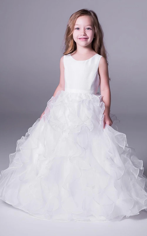 Vestido de gala largo de satén y organza para niña de las flores, sin mangas, con escote redondo y volantes.