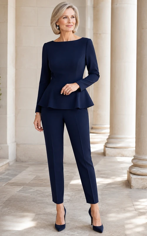 Dunkelblauer, taillierter, schlichter Hosenanzug für die Mutter der Braut mit U-Boot-Ausschnitt, langärmeligem, tailliertem Peplum-Oberteil und knöchelhoher Hose.
