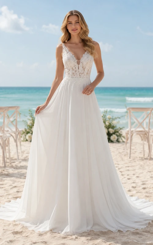 Quick Ship Lace Bodice Chiffon Beach Bridal Gown